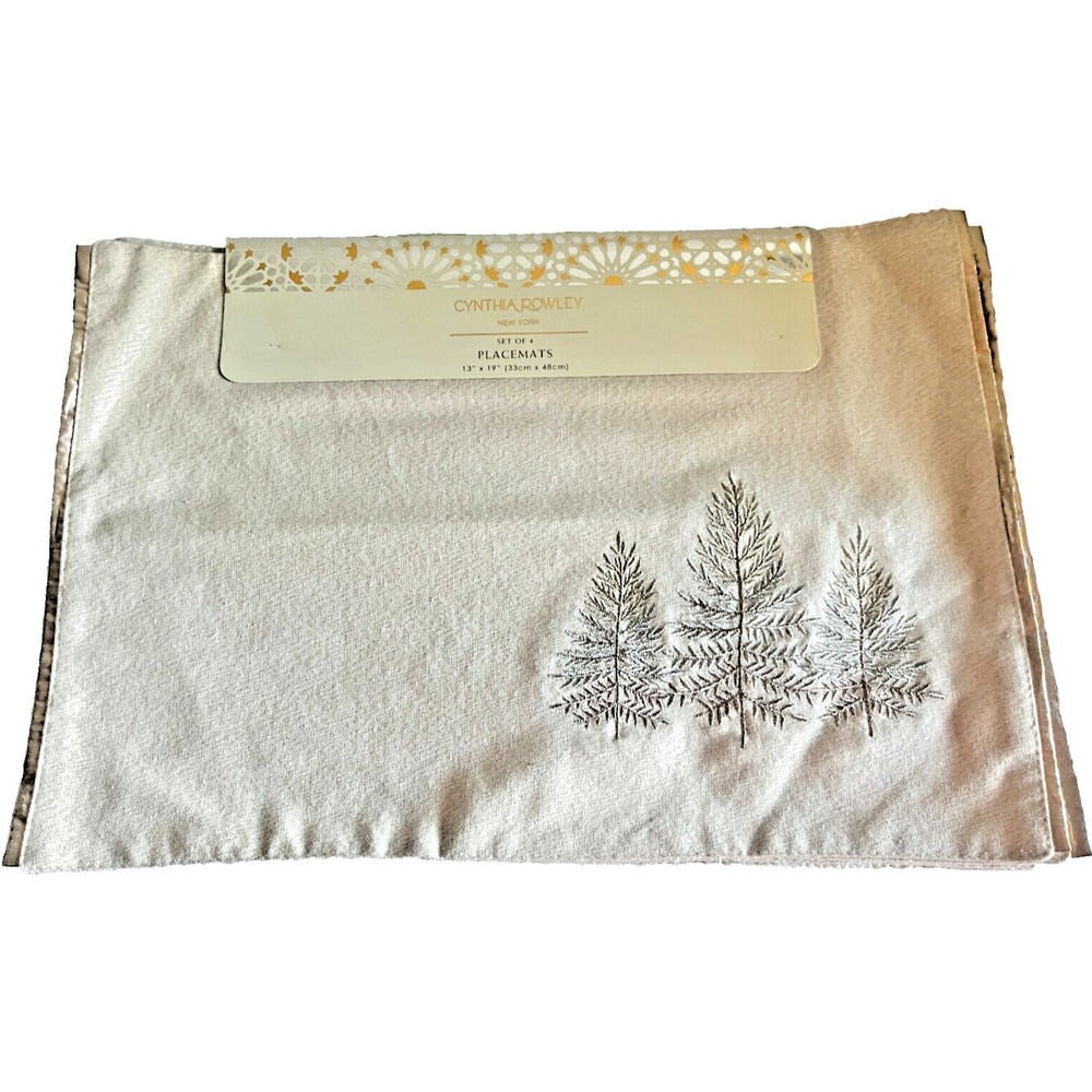 Cynthia Rowley Gold Tree Embroidered Placemats Set of 4 Gold Edged Lined Holiday